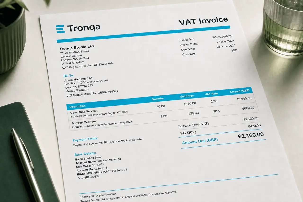 Tronqa UK VAT invoice - country-correct tax invoice preview