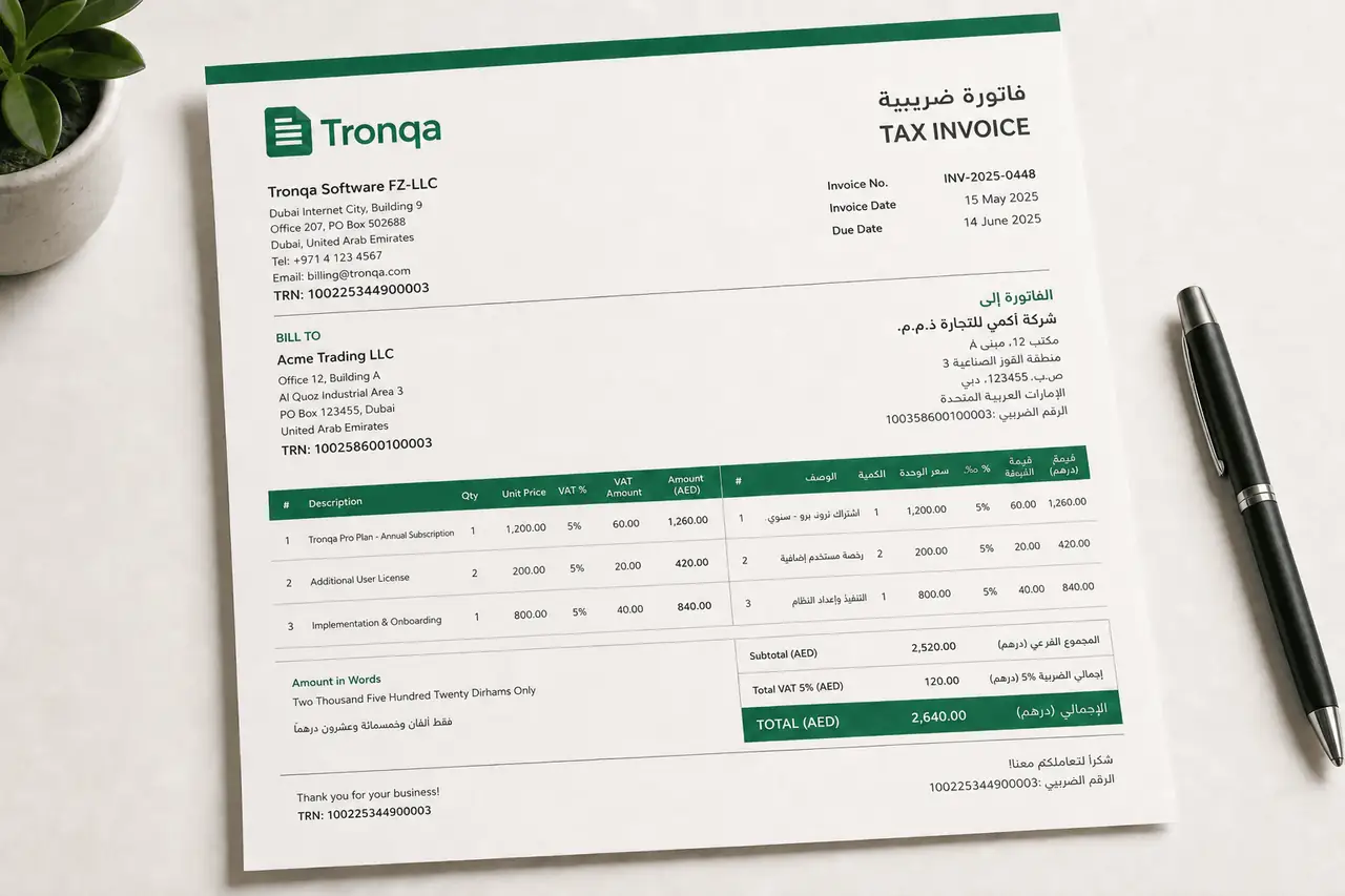 Gulf bilingual tax invoice sample from Tronqa