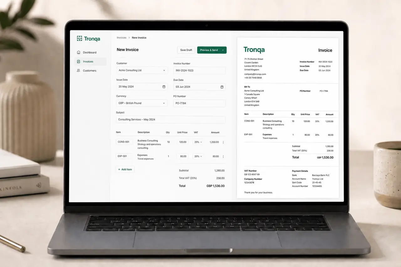 Tronqa workspace with invoice editor and live country-pack preview